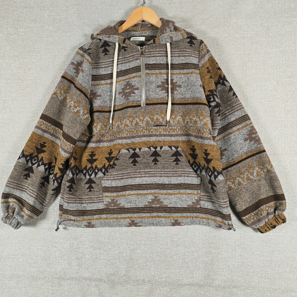 ANDTHEWHY Womens Southwestern Geometric Quarter Zip Hoodie‎ Brown Tan Size M
